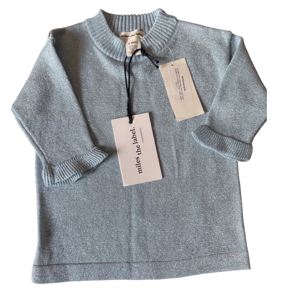 Miles the Label Glitzy Metallic Knit Sweater Light Blue Ruffle Cuff 3-6 Months
